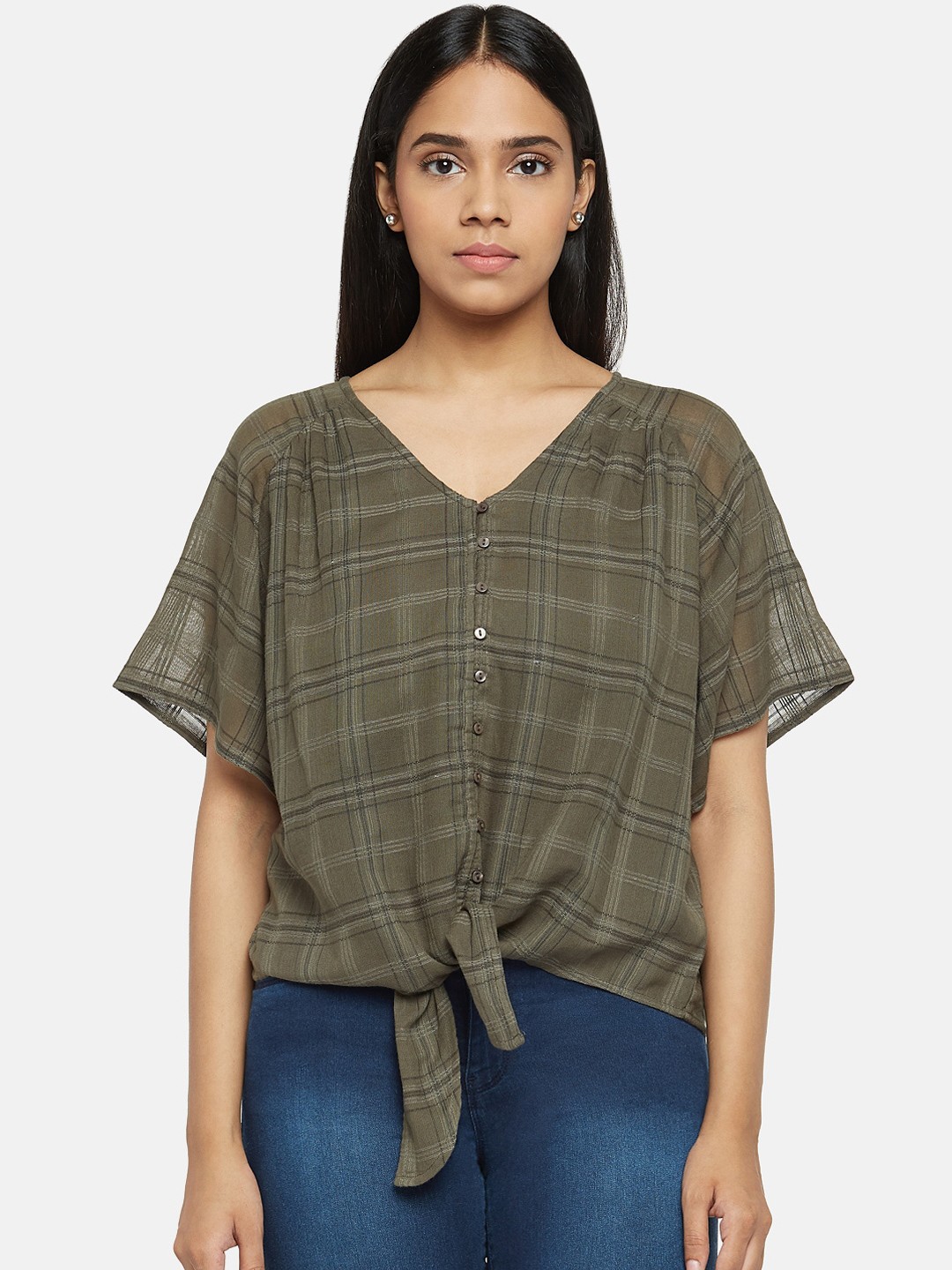 

People Olive Green Checked Pure Cotton Regular Top
