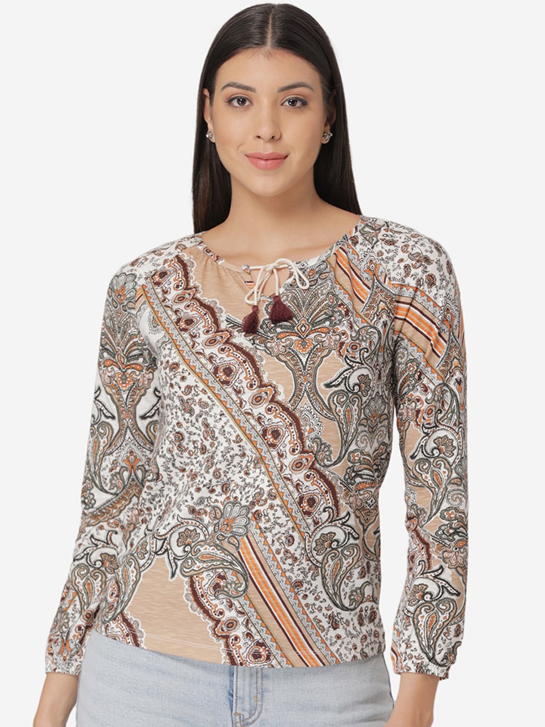 

Mode by Red Tape Off White & Beige Tie-Up Neck Scarf Print Regular Top