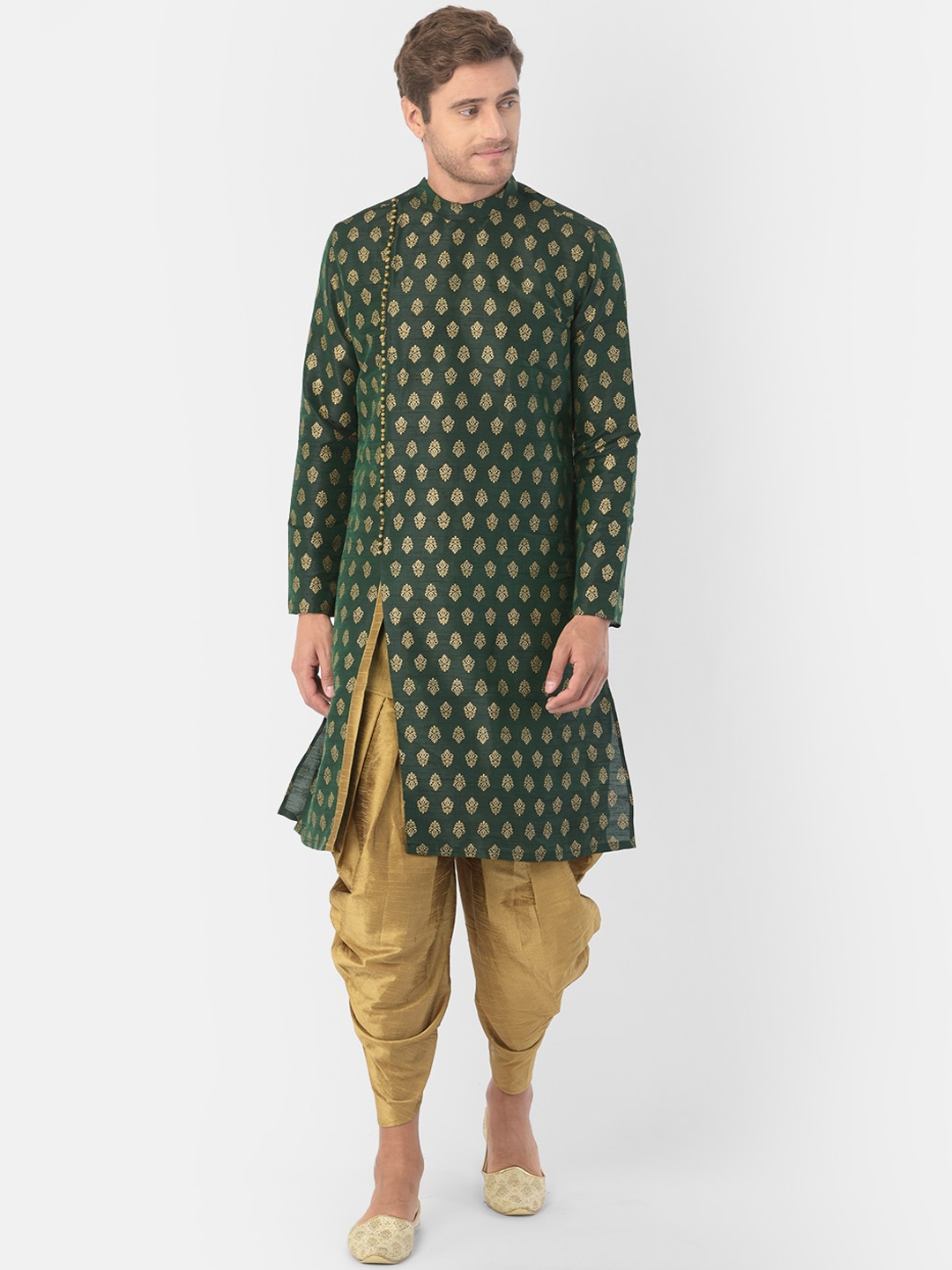 

DEYANN Men Green & Gold-Toned Woven Design Kurta with Dhoti Pants