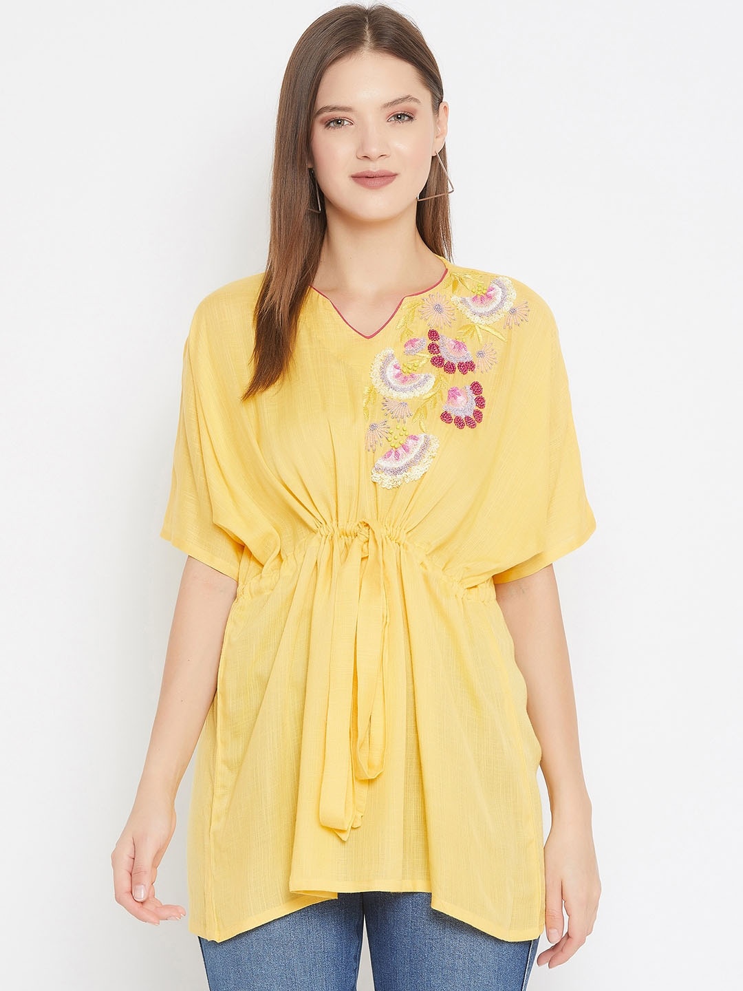 

The Kaftan Company Yellow Floral Hand Embroidered Cinched Waist Top