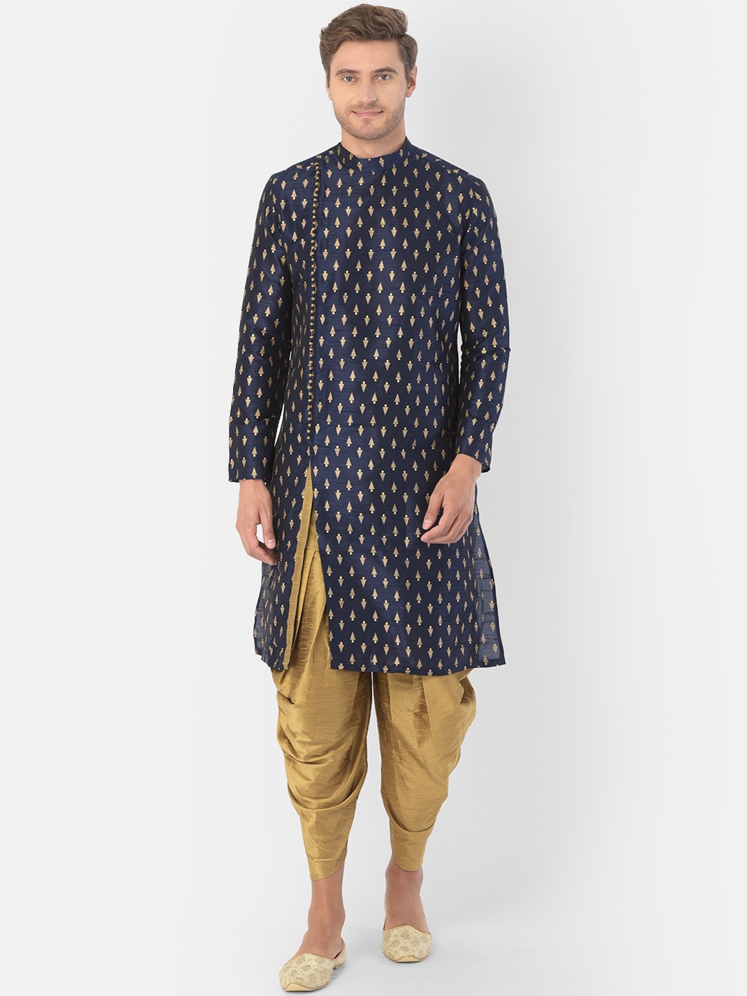DEYANN Men Navy Blue & Gold-Toned Woven Design Kurta with Dhoti Pants