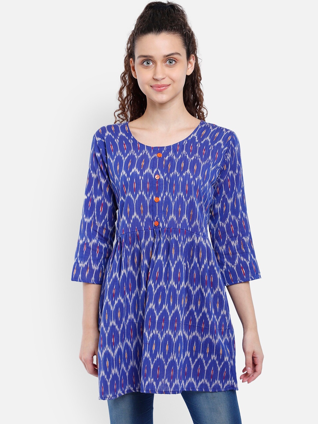 Resha Women Blue & Red Woven Design Ikat Cotton Kurti