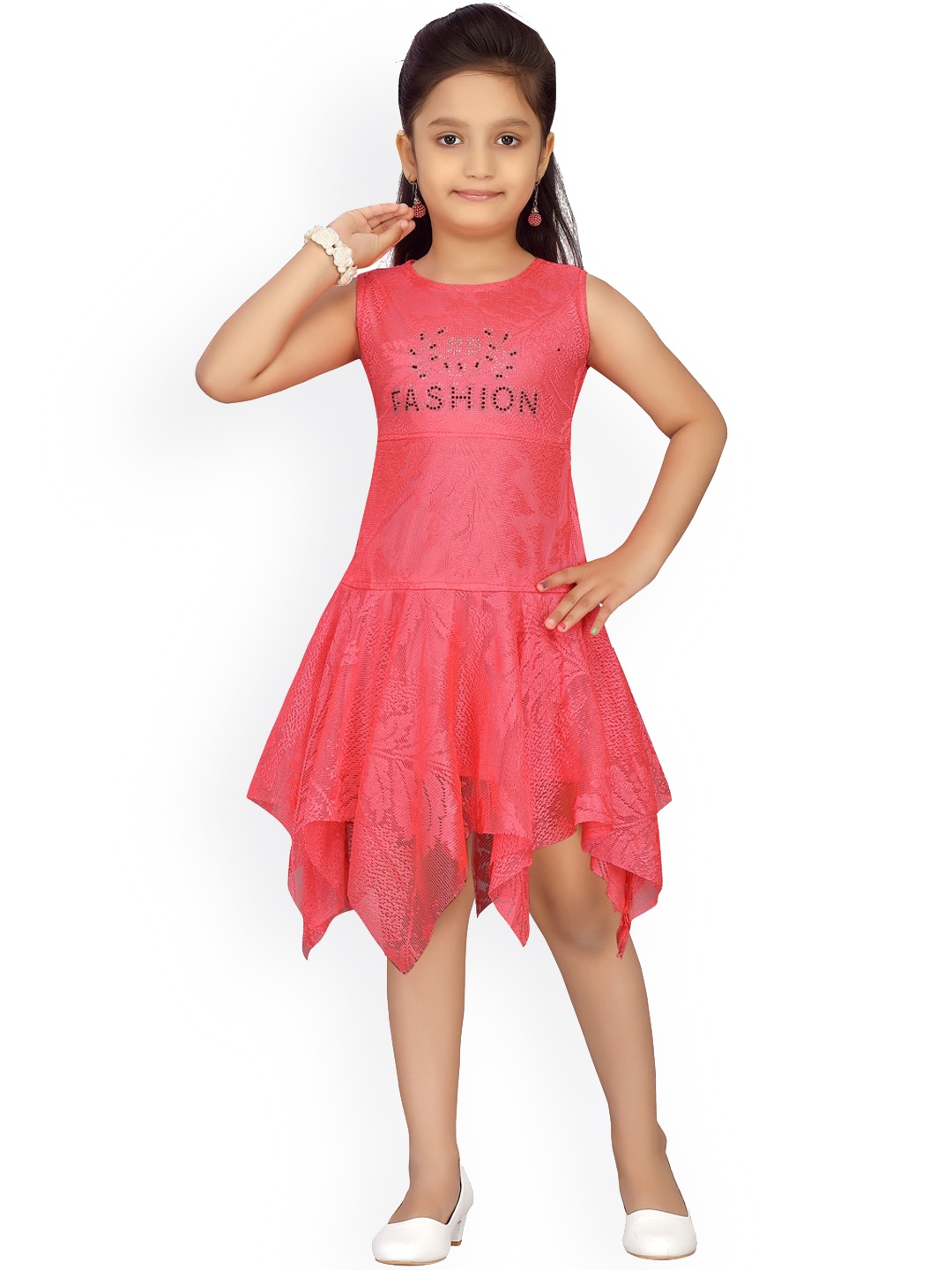 

Aarika Girls Coral Red Solid Lace Asymmetric A-Line Dress