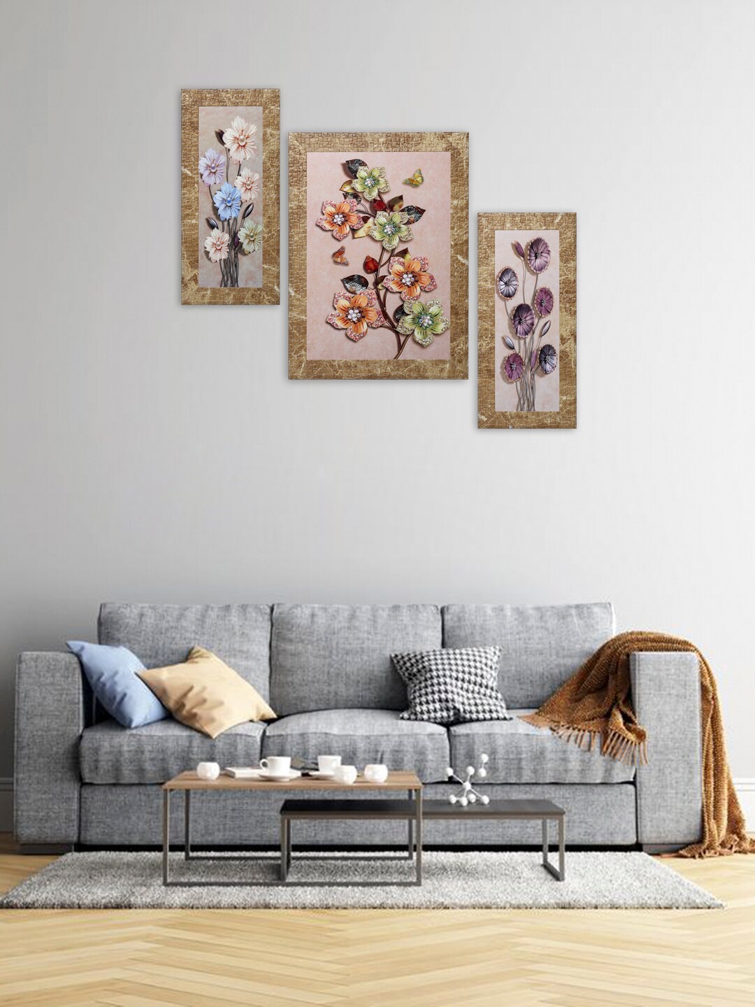 

Indianara Peach-Colored & Green Set of 3 Abstract Flowers Framed Art Prints