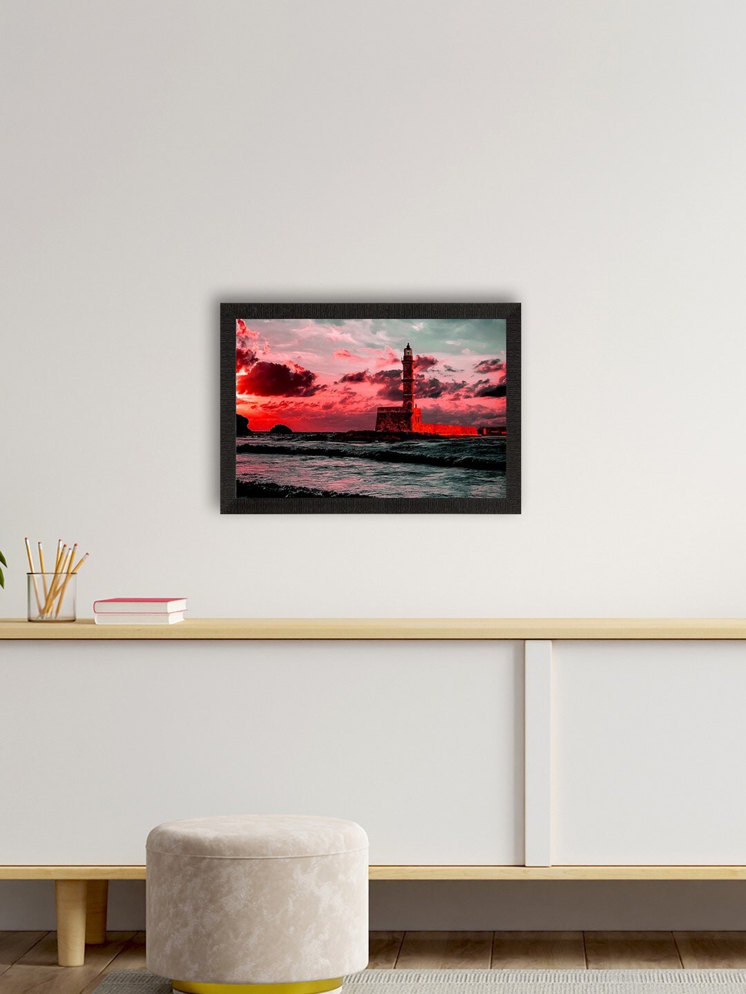 

eCraftIndia Multicoloured Seaside Lighthouse Scenic View Satin Matt Texture Art Painting, Multi