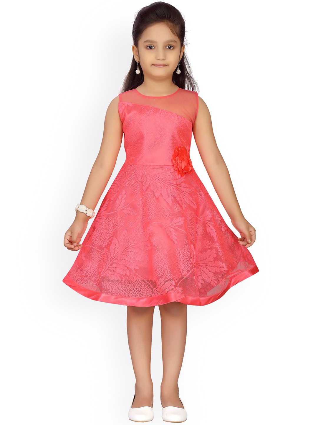 

Aarika Girls Coral Pink Self-Design Net Fit & Flare Dress