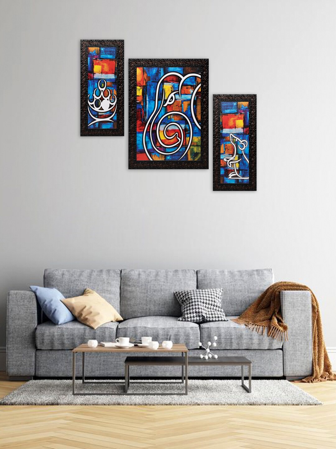 

Indianara Set Of 3 Blue & Orange Ganesha Framed Art Prints Without Glass