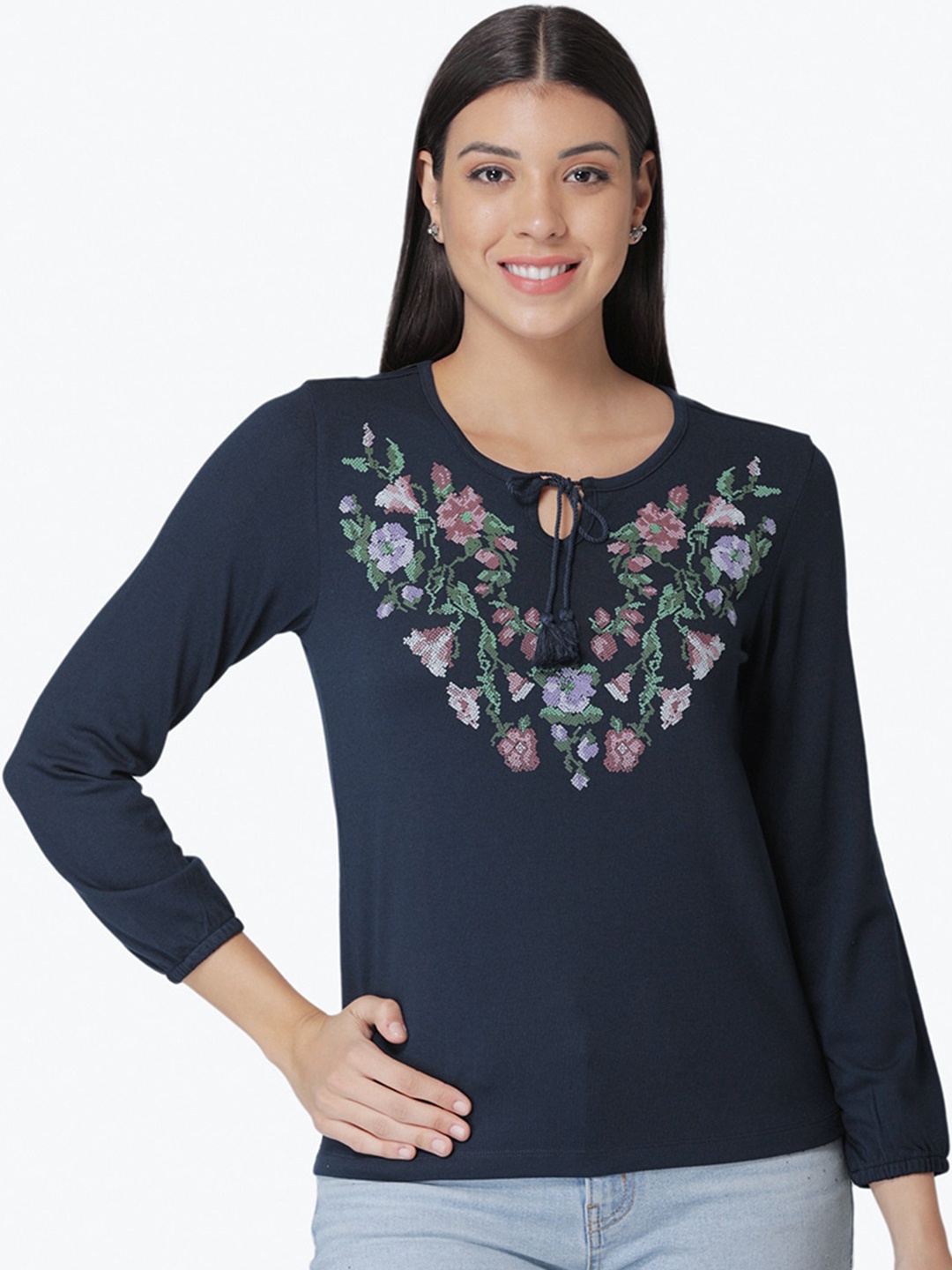 

Mode by Red Tape Navy Blue Floral Tie-Up Neck Regular Top