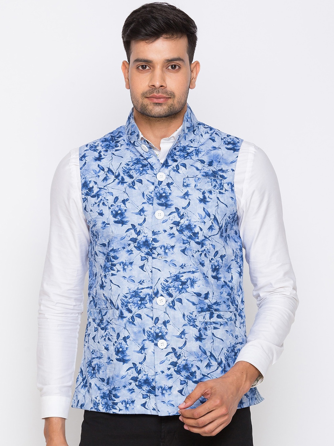 

Nick&Jess Men Blue Printed Pure Cotton Woven Nehru Jacket