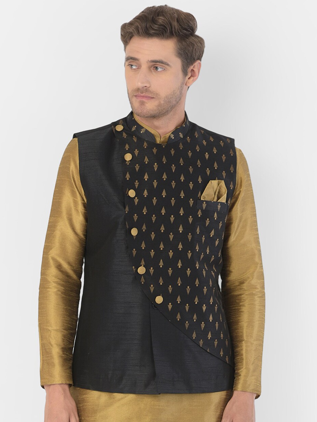 DEYANN Men Black & Gold-Coloured Printed Woven Nehru Jacket