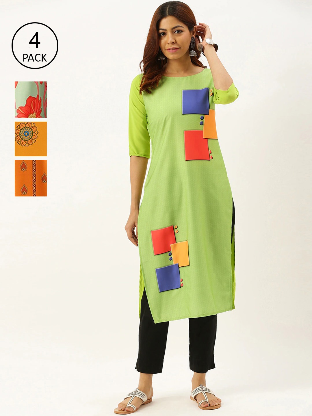 

7Threads Women Pack of 4 Multicoloured Geometric Printed Crepe Kurta, Multi