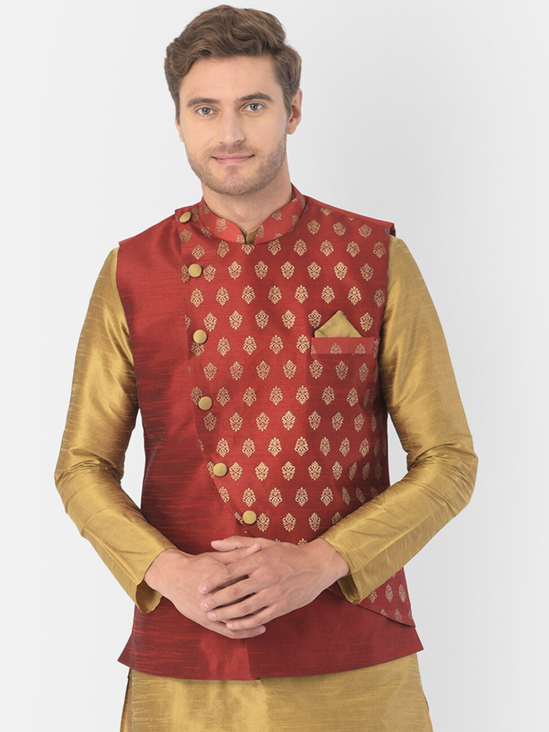 

DEYANN Men Red & Gold-Coloured Printed Woven Nehru Jacket