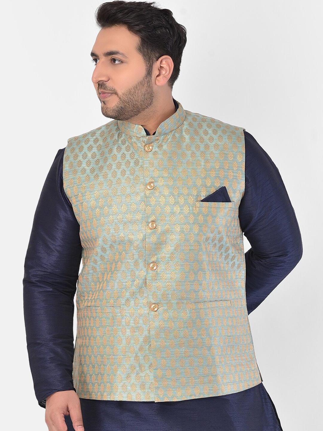 

DEYANN PLUS Men Blue & Gold-Coloured Woven Design Jacquard Silk Nehru Jacket