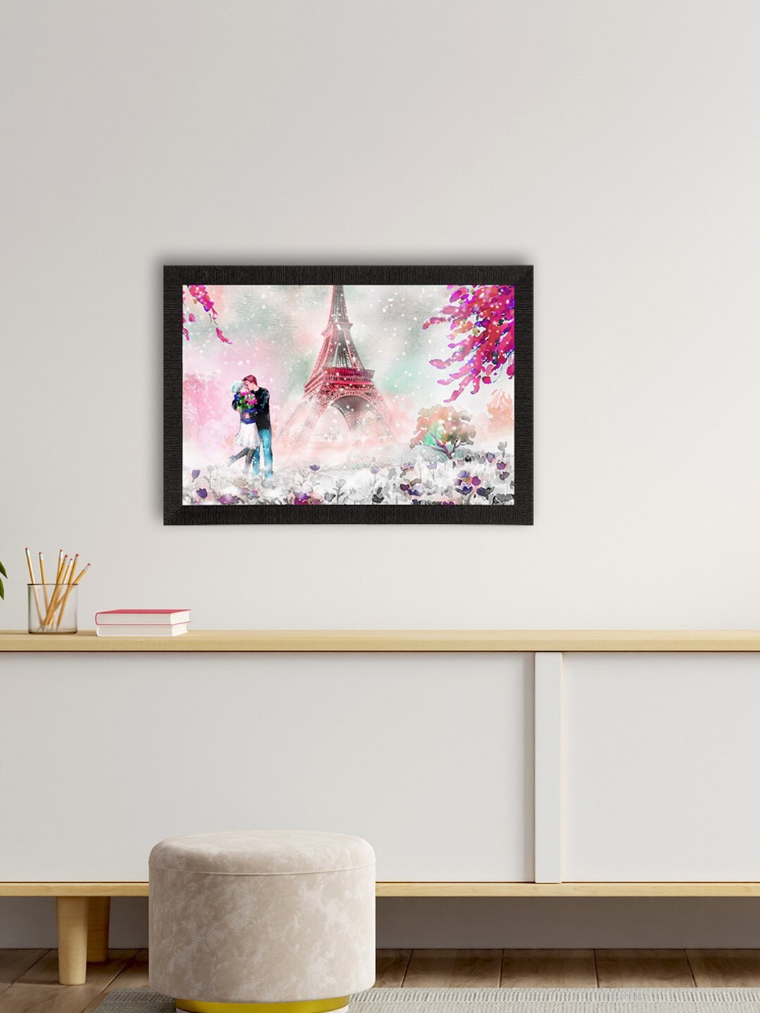 

eCraftIndia White & Pink Kissing Romantic Couple In Front Of Effiel Tower Satin Matt Texture UV Wall Art