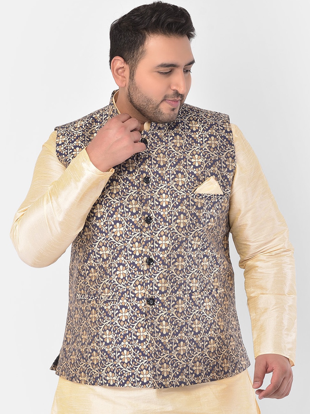 

DEYANN PLUS Men Navy Blue Woven Design Nehru Jacket