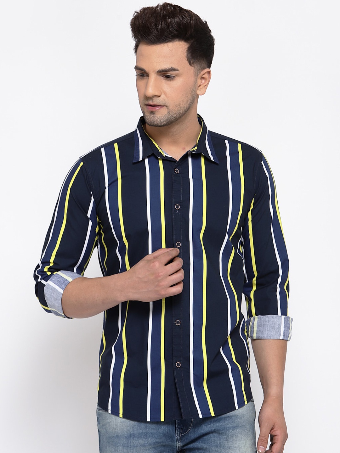 

Pepe Jeans Men Navy Blue & Yellow Pure Cotton Striped Casual Shirt