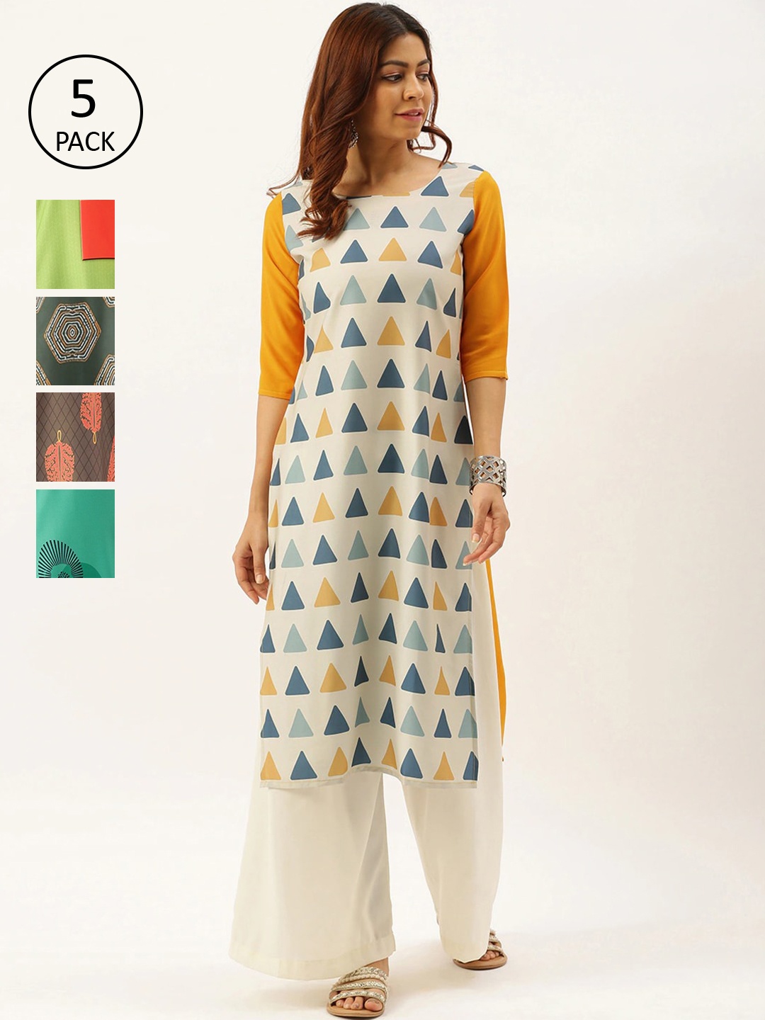 

7Threads Women Pack Of 5 Multicoloured Geometric Printed Crepe Kurta, Multi