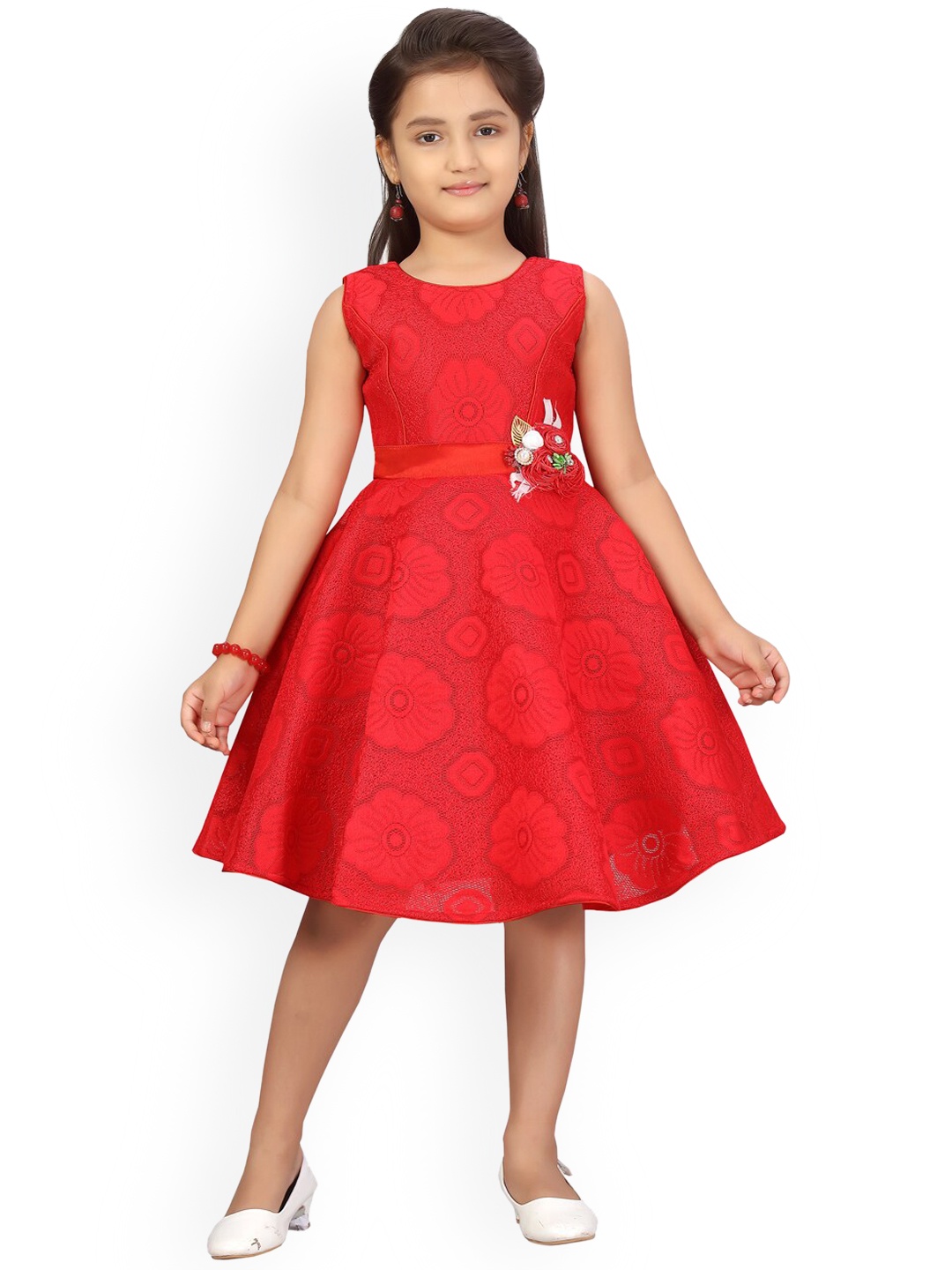 

Aarika Girls Red Self-Design Fit & Flare Dress