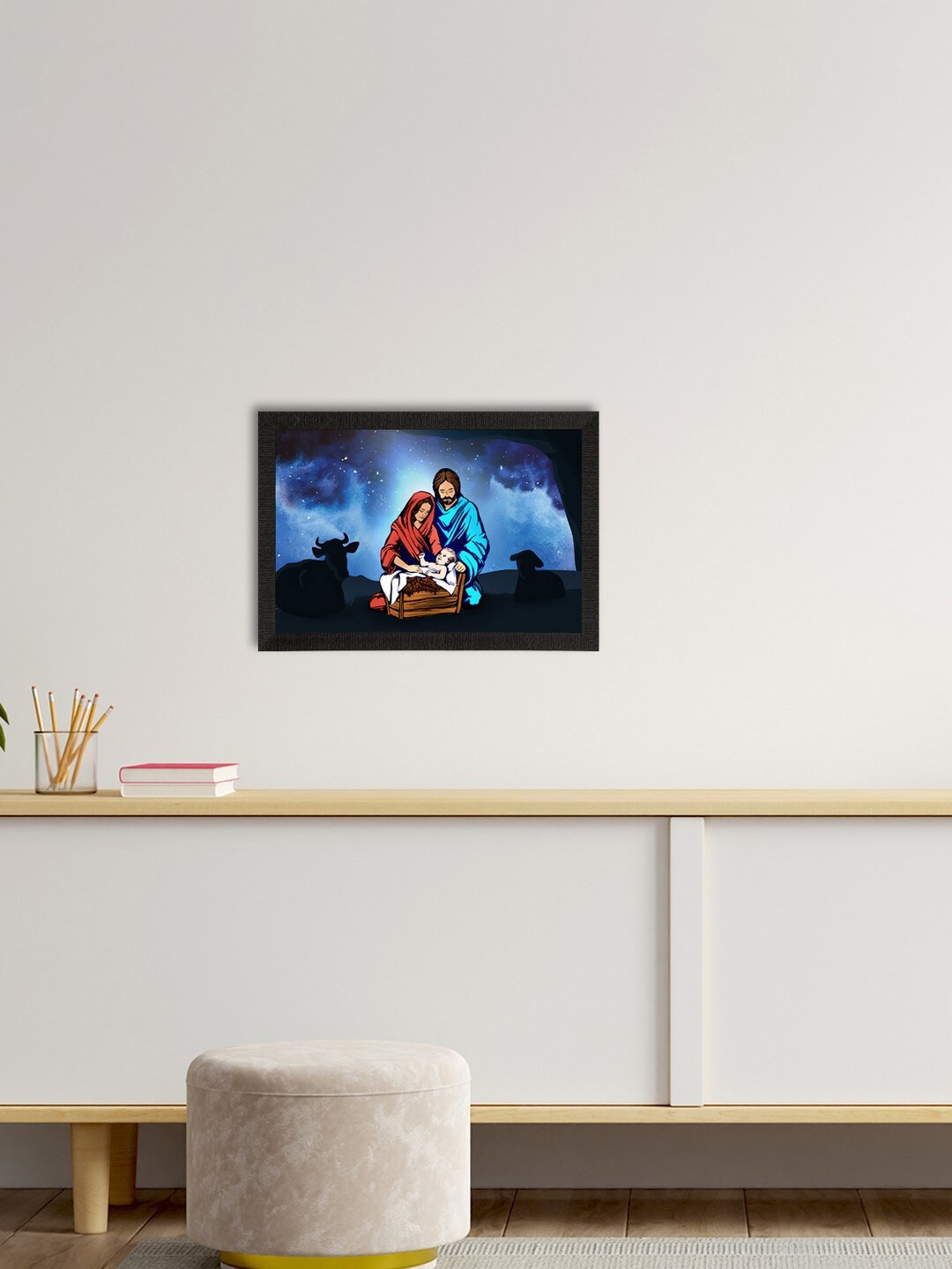 

eCraftIndia Blue & Black Jesus Birth Scene Satin Matt Texture UV Art Painting