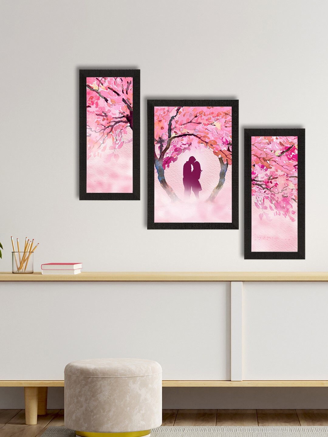 

eCraftIndia Set Of 3 Pink & Black Kissing Couple Satin Matt Texture UV Art Painting
