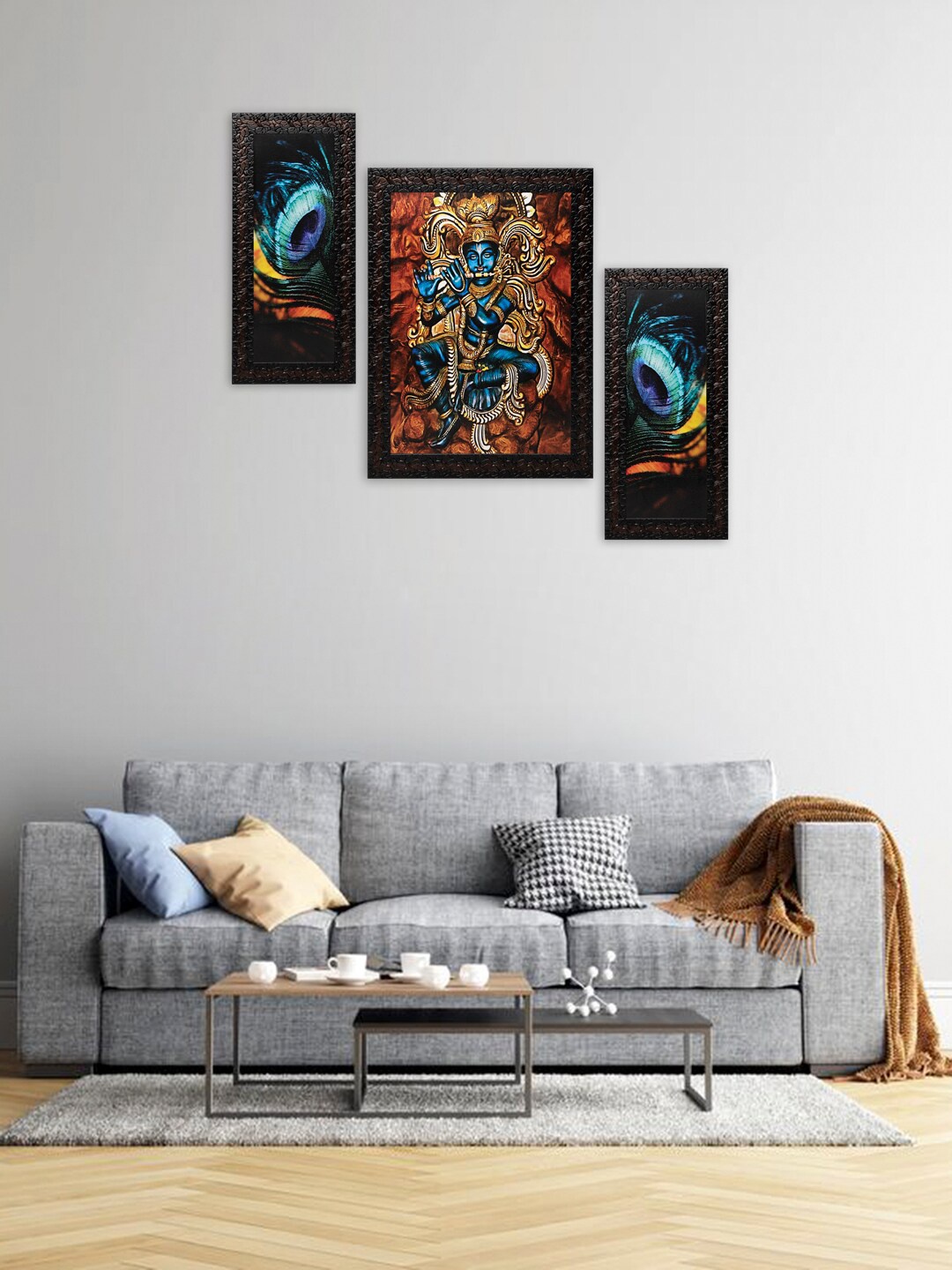 Indianara Set of 3 Blue & Brown Lord Krishna Framed Wall Paintings without Glass