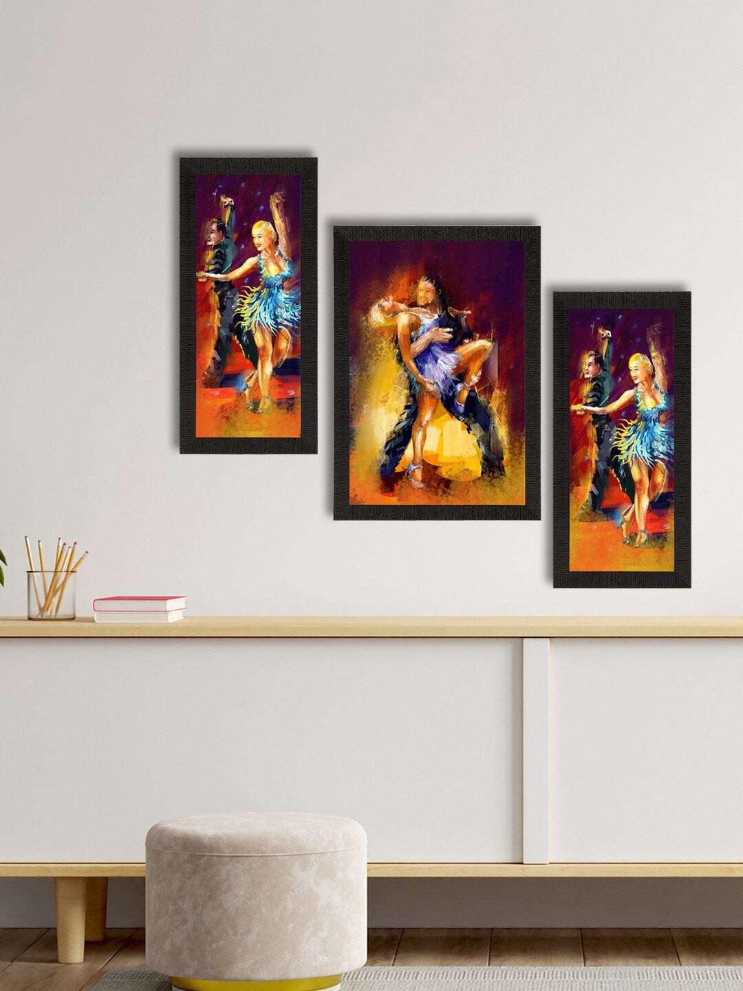 

eCraftIndia Set of 3 Dancing Couple Satin Matte Texture UV Art Painting, Yellow