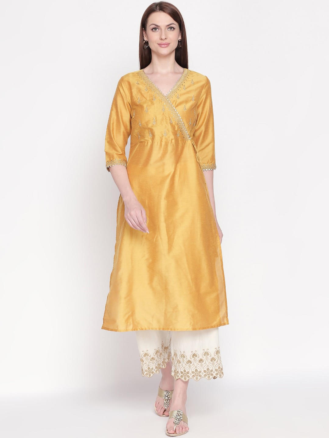 

RANGMANCH BY PANTALOONS Women Yellow & Cream-Coloured Embroidered Kurta with Palazzos