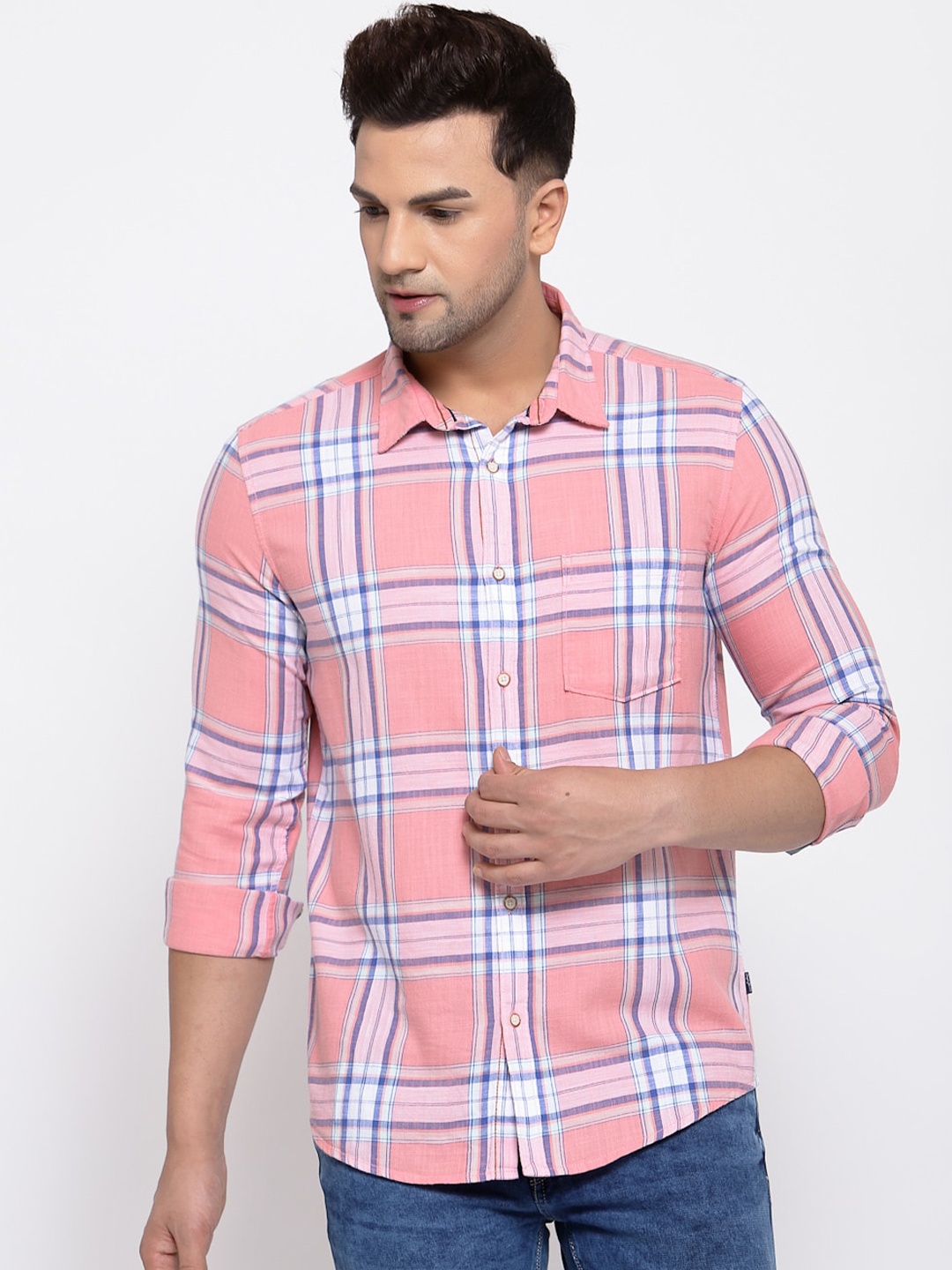 

Pepe Jeans Men Coral Pink & Blue Pure Cotton Checked Casual Shirt