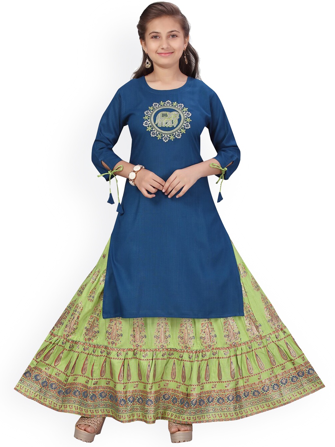

Aarika Girls Navy Blue & Lime Green Embroidered Kurta with Skirt