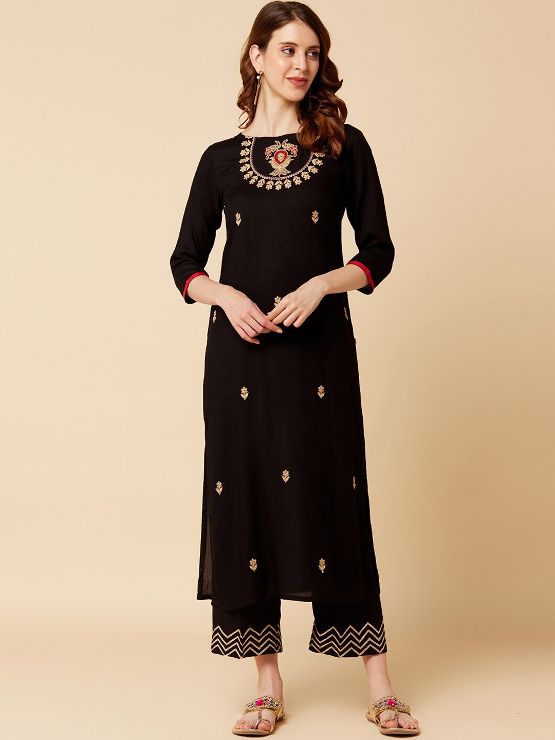 

Varanga Women Black Floral Yoke Design Flared Sleeves Kurta