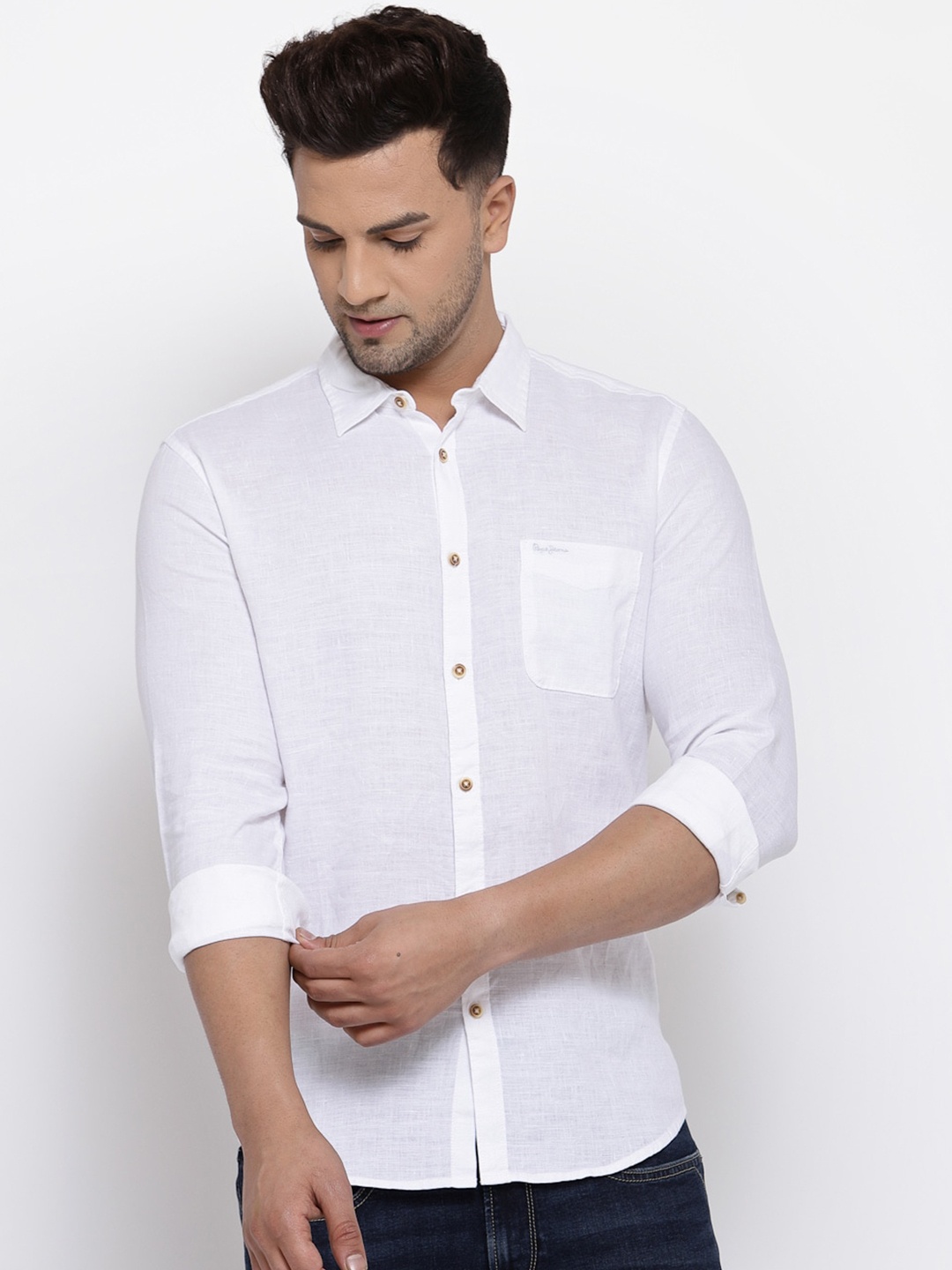 Pepe Jeans Men White Pure Linen Solid Casual Shirt