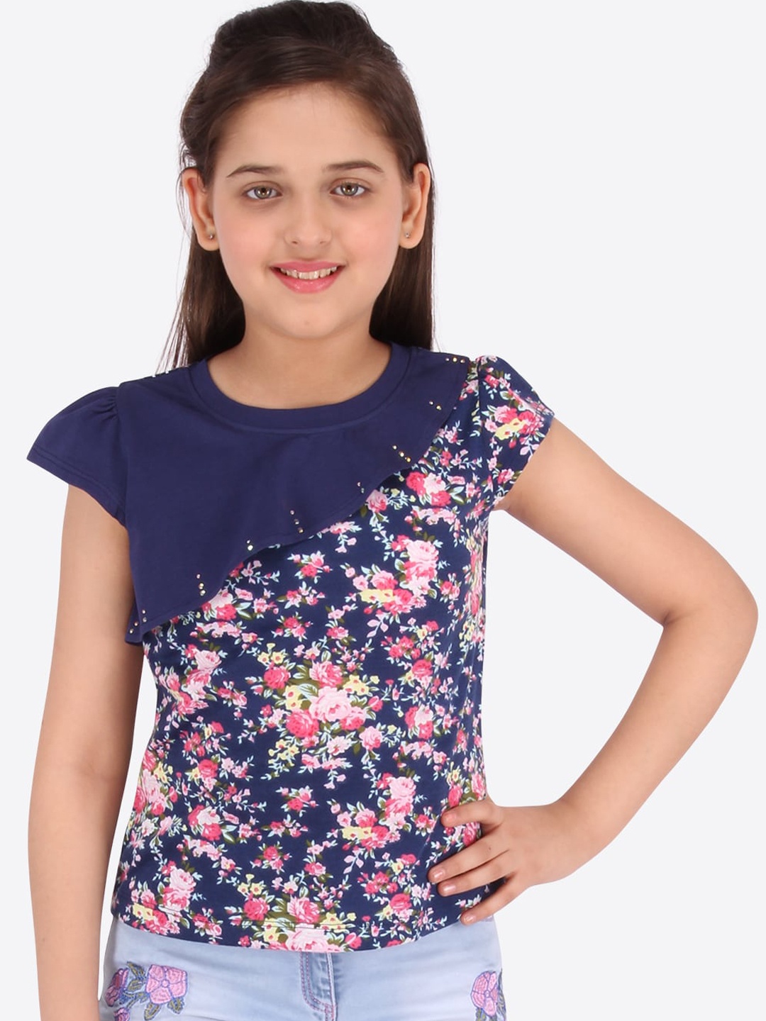 CUTECUMBER Navy Blue & Pink Floral Printed Regular Top