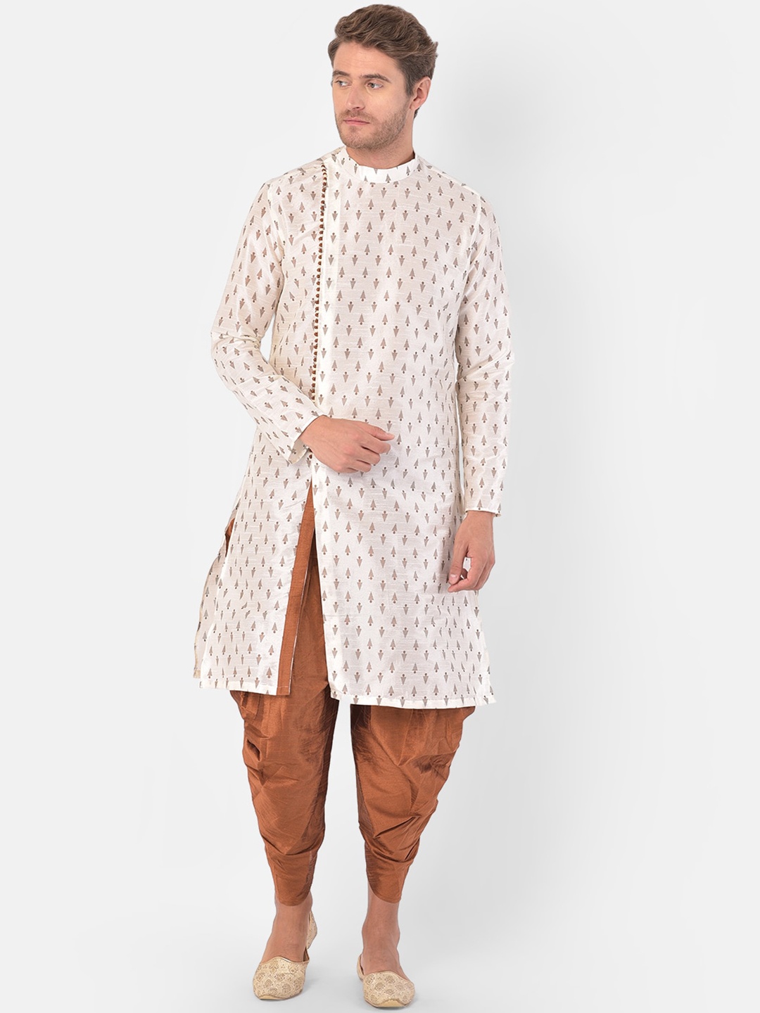

DEYANN Men Off-White & Brown Printed Kurta with Dhoti Pants