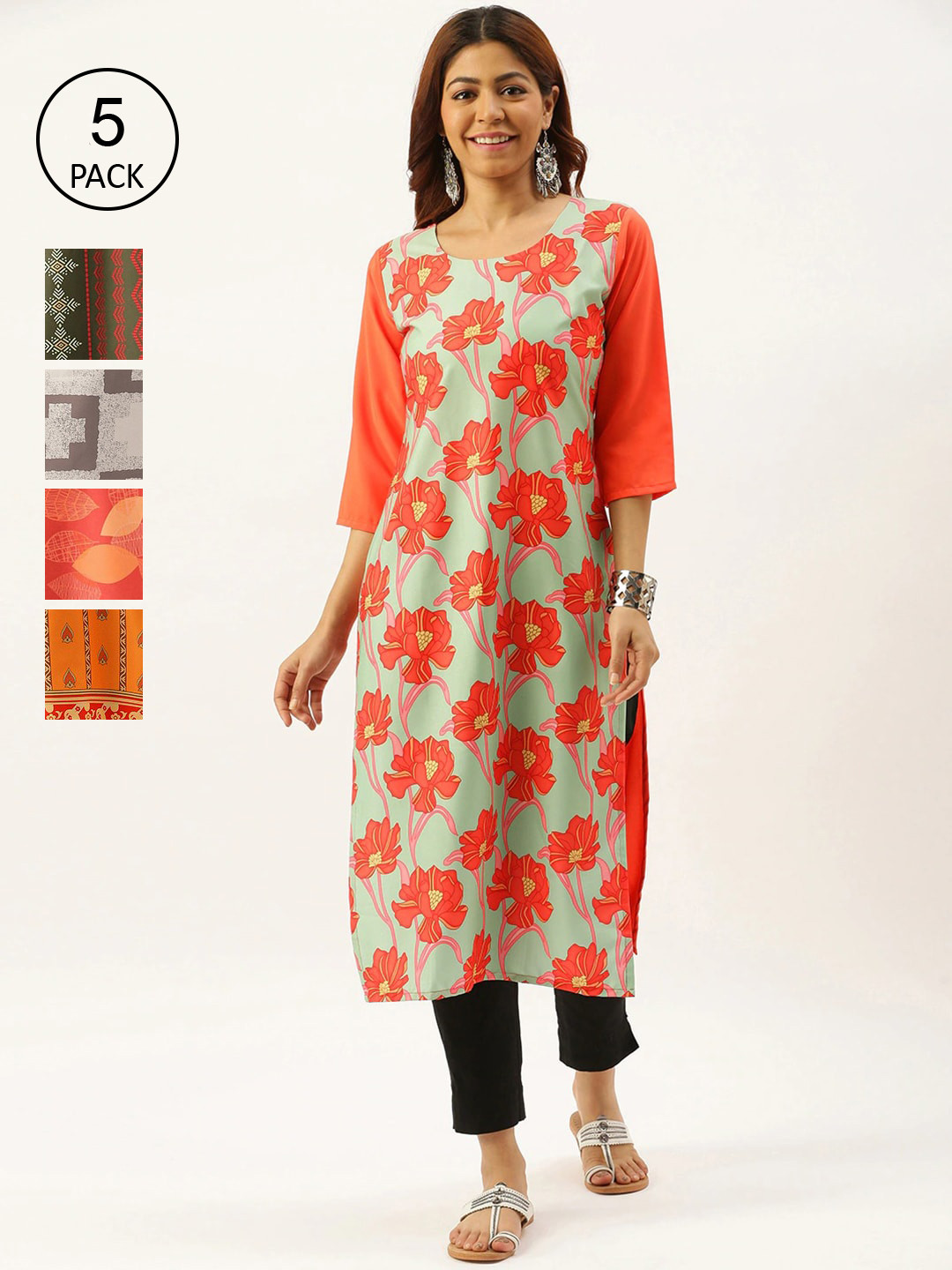 

7Threads Women Multicoloured Pack of 5 Floral Printed Crepe Kurta, Multi
