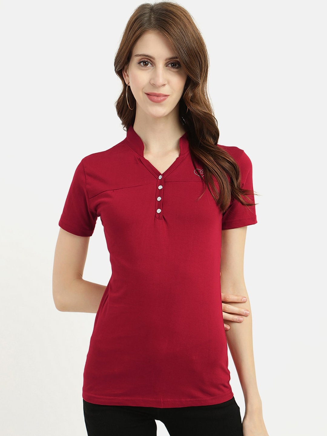 

V2 Value & Variety Maroon Mandarin Collar Chambray Regular Top