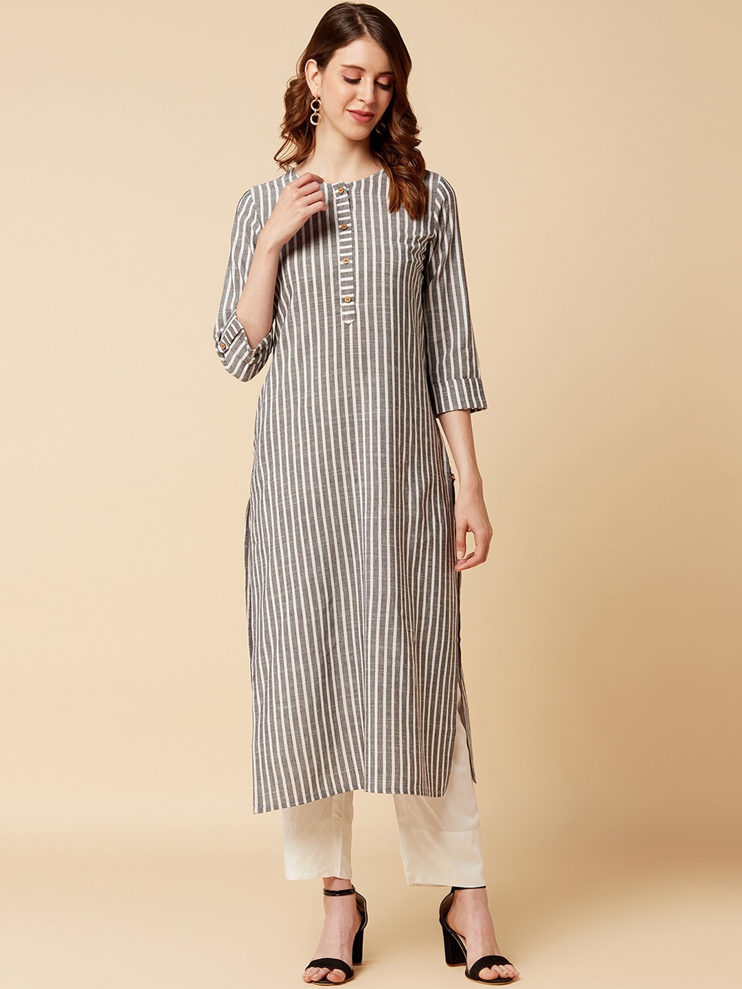 

KSUT Women Charcoal Black & White Striped Kurta with Trousers