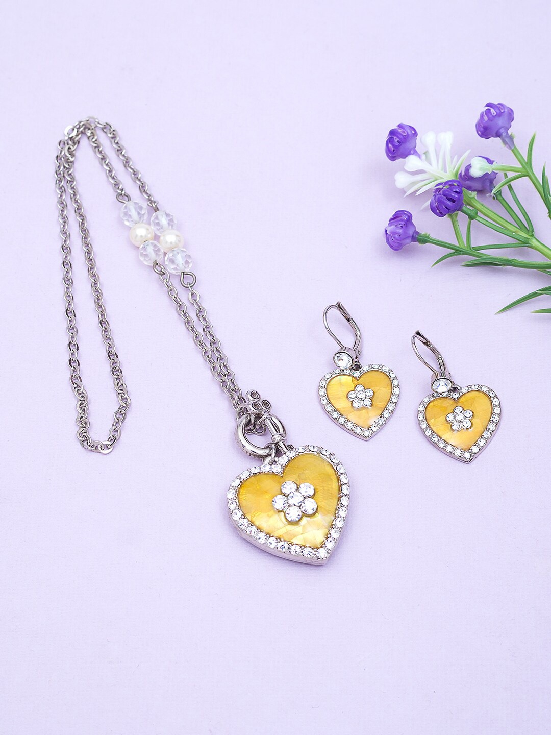 

Golden Peacock Silver-Toned Yellow & White CZ-Studded Handcrafted Jewellery Set