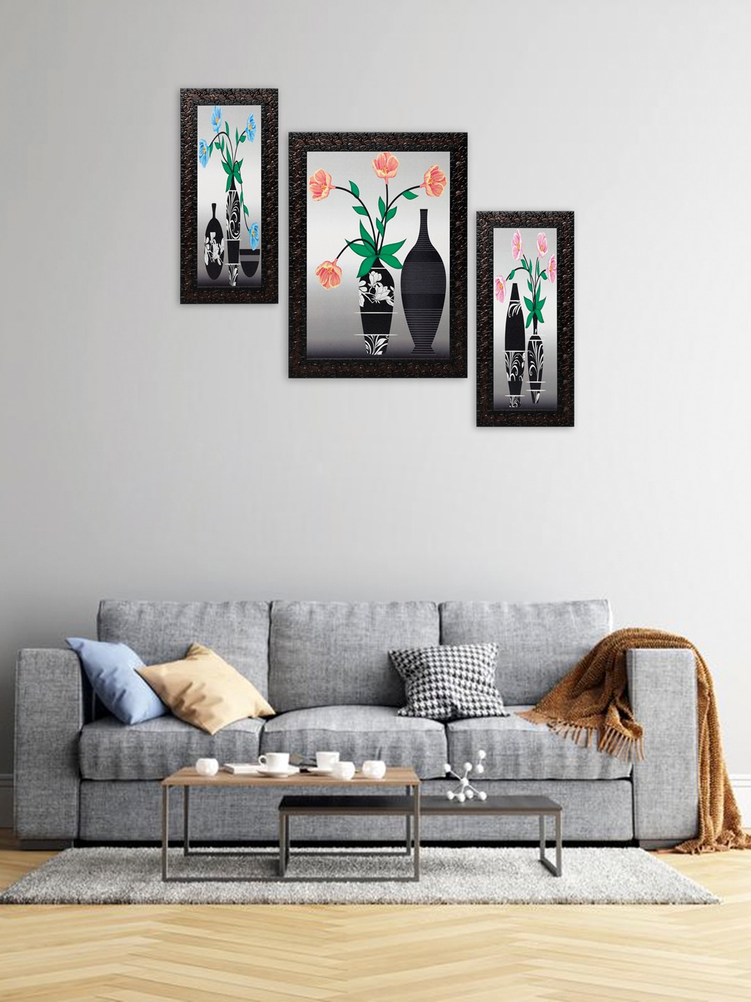 

Indianara Set Of 3 Grey & Black Flowers In Vases Framed Art Prints Without Glass