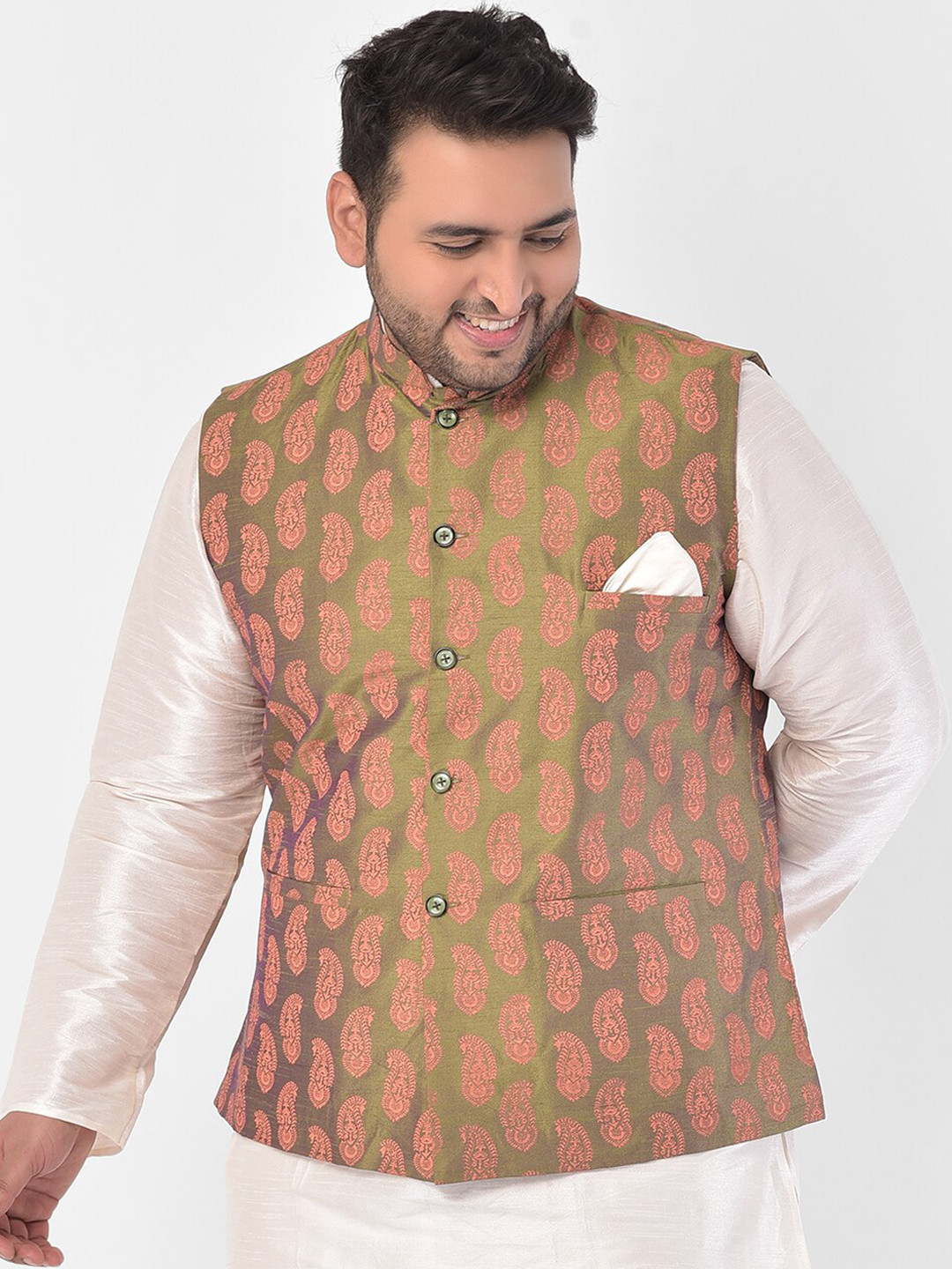 

DEYANN PLUS Men Green & Orange Printed Nehru Jacket