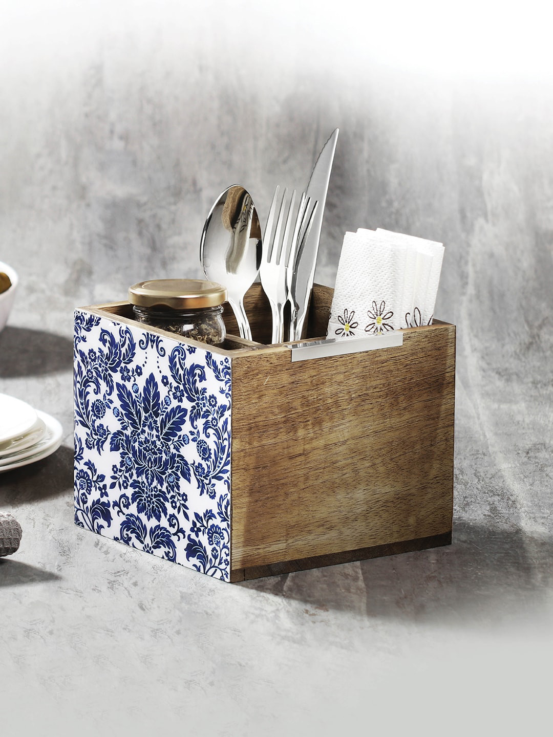 

WOODSMYTHS Blue ExoticExotic Floral Printed 4 Compartments Handcrafted Cutlery Holder