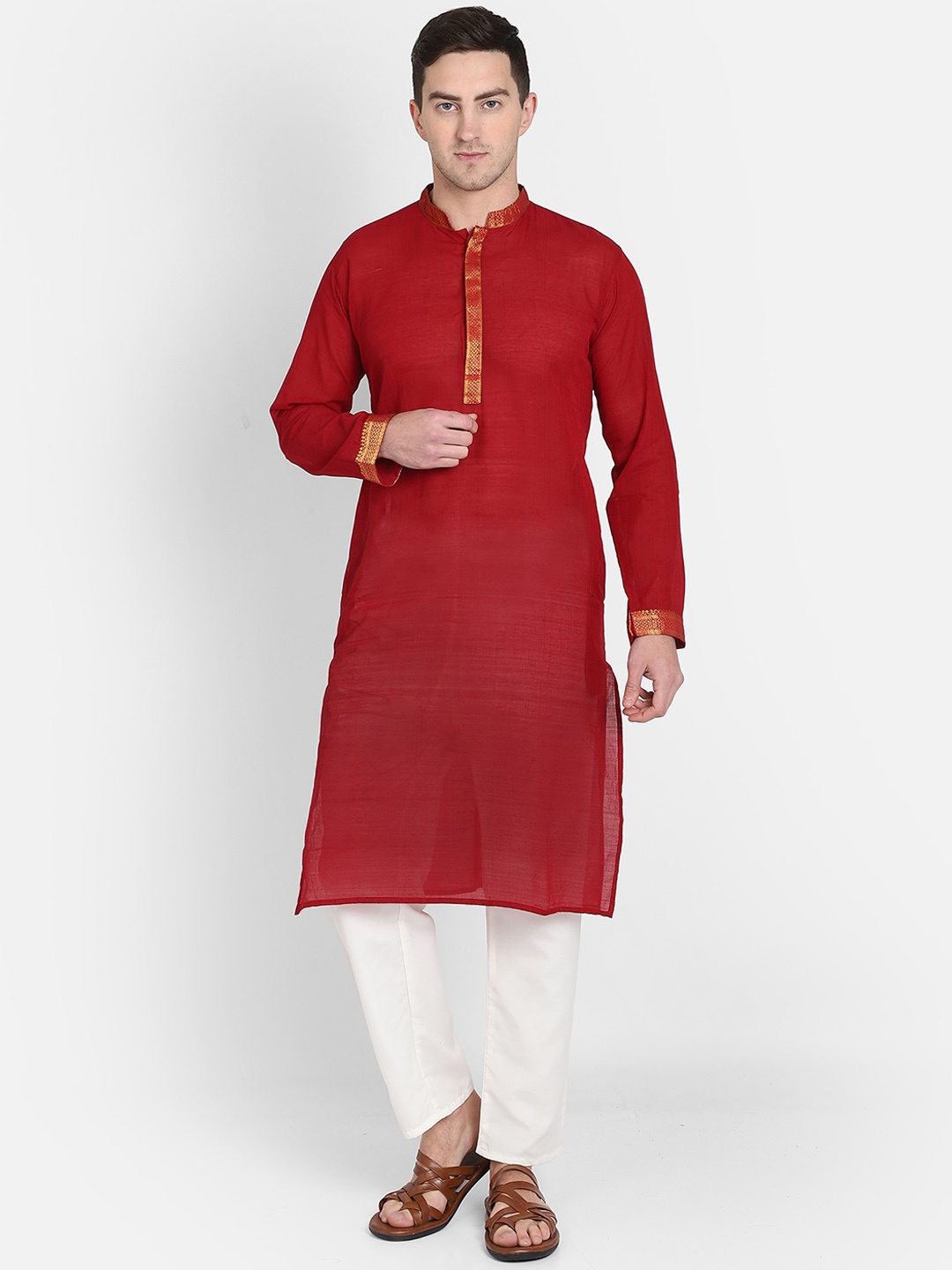 

PAROKSH Men Maroon Handloom Cotton Mangalgiri Kurta