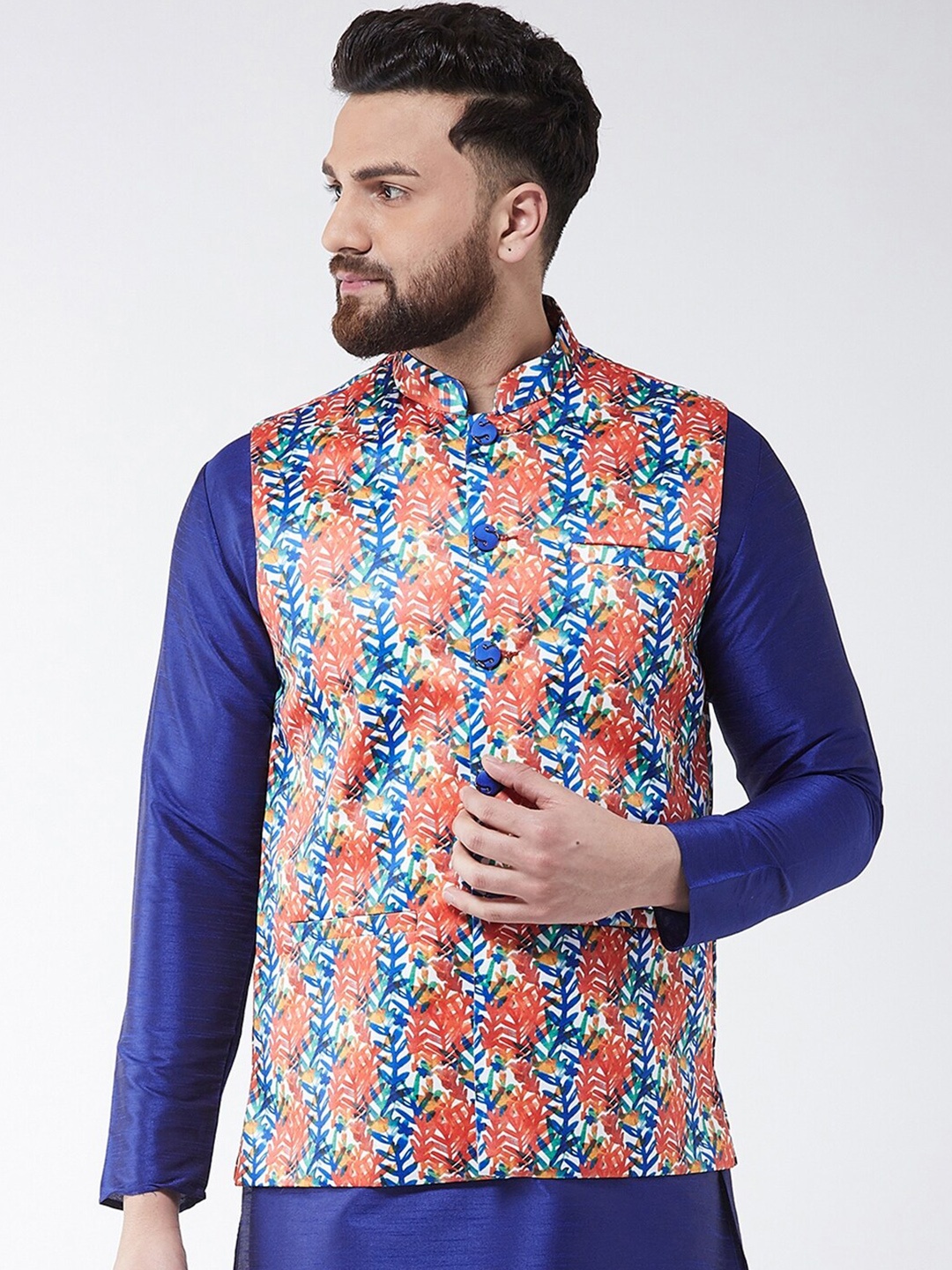 

I Know Men Blue & Orange Printed Nehru Jacket