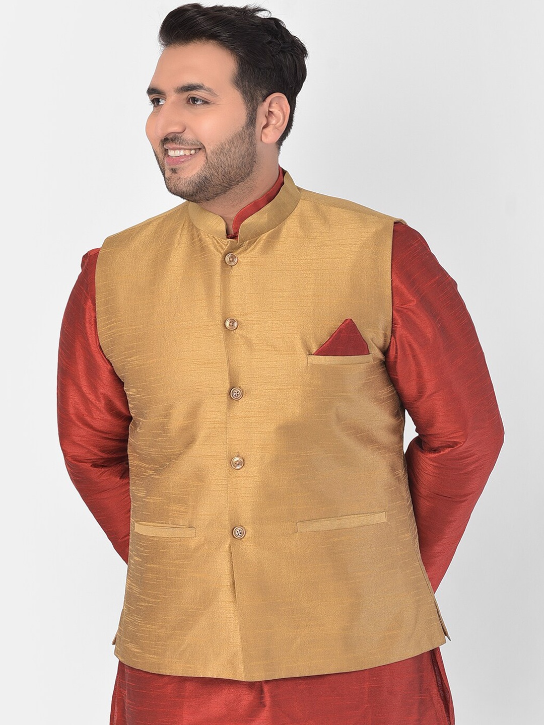 

DEYANN PLUS Men Brown Solid Woven Plus Size Nehru Jacket