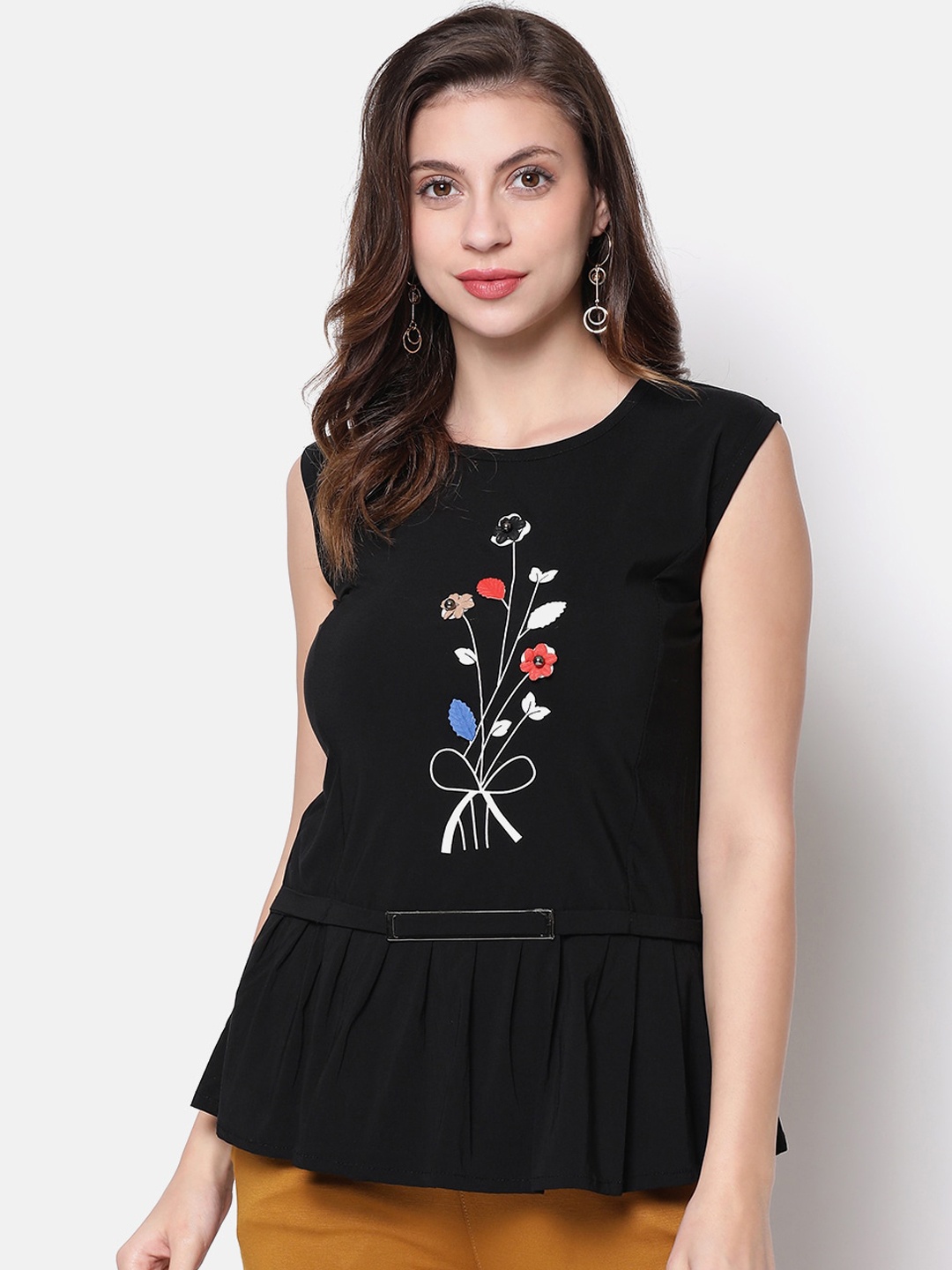 

V2 Value & Variety Black & White Floral Applique Peplum Top