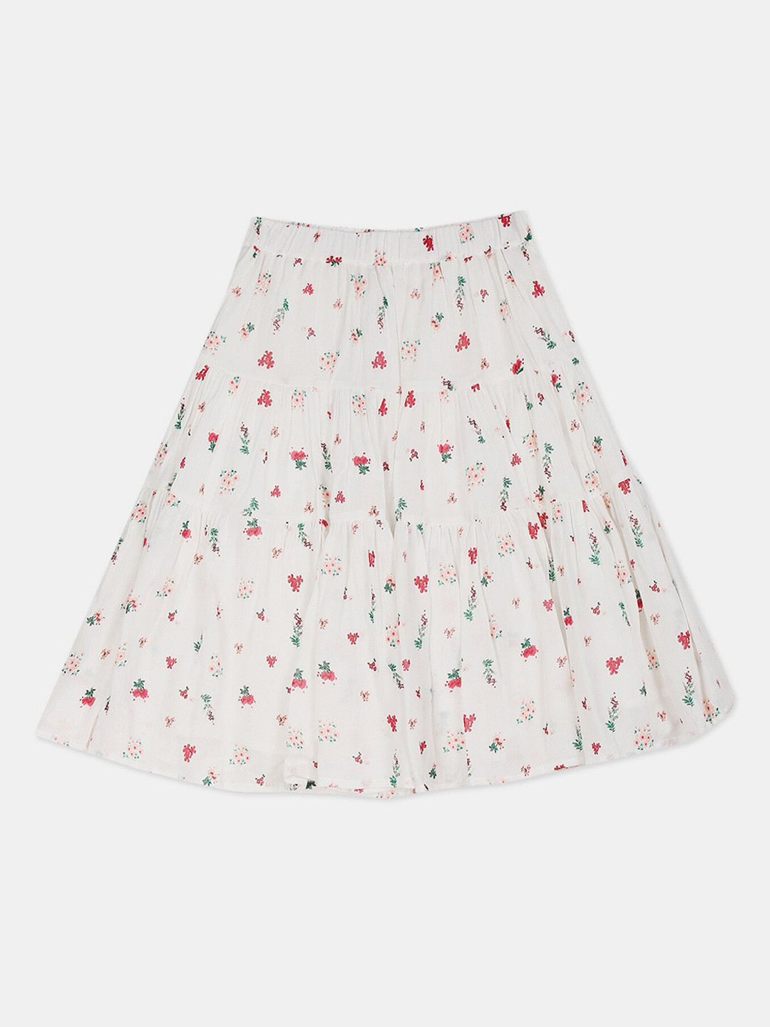 

Cherokee Girls Off White & Pink Floral Printed Tiered Knee-Length Skirt