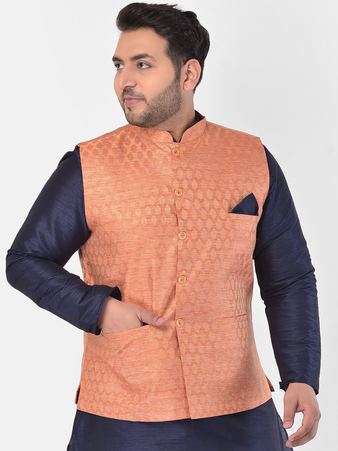 

DEYANN PLUS Men Orange Woven-Design Nehru Jacket