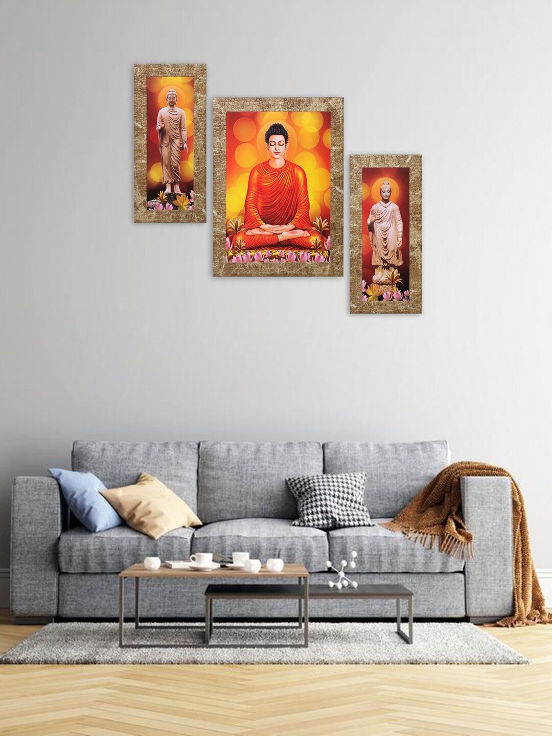 

Indianara Set of 3 Orange & Yellow Gautam Buddha Framed Wall Paintings without Glass