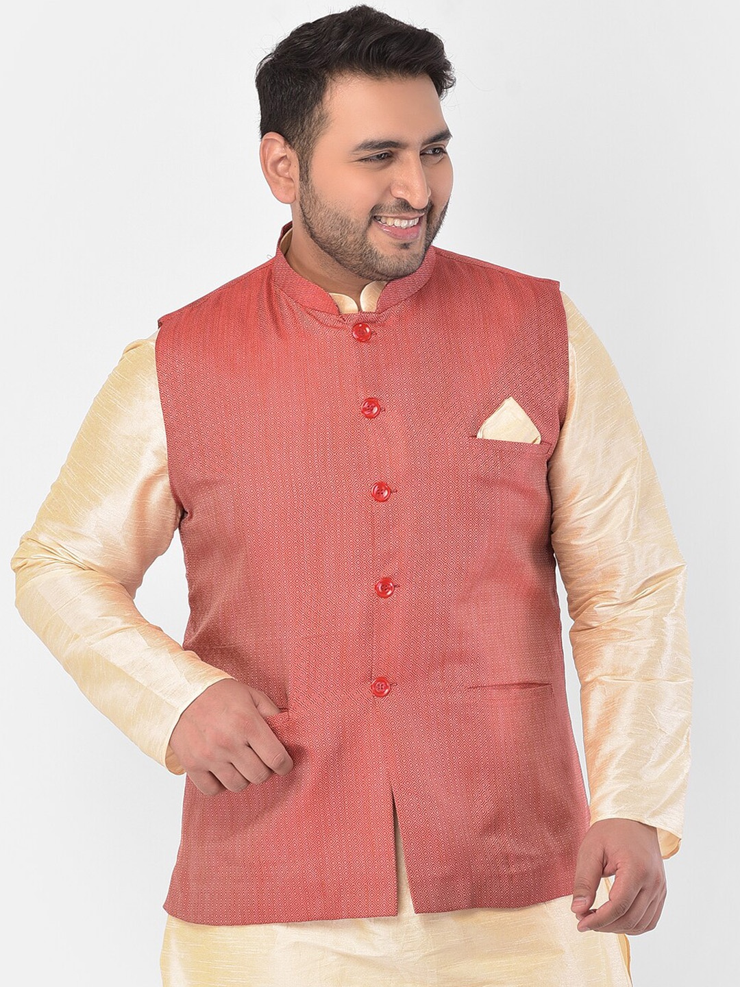 

DEYANN PLUS Men Maroon & Beige Woven-Design Plus Size Nehru Jacket