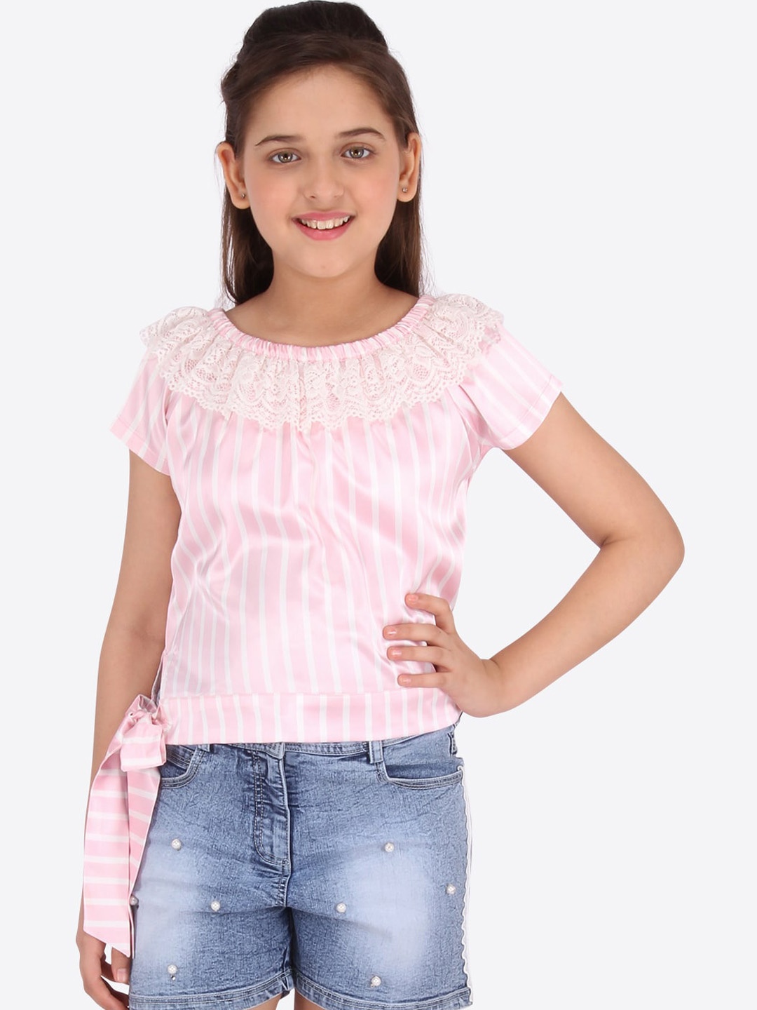 

CUTECUMBER Girls Pink & White Striped Satin Regular Top