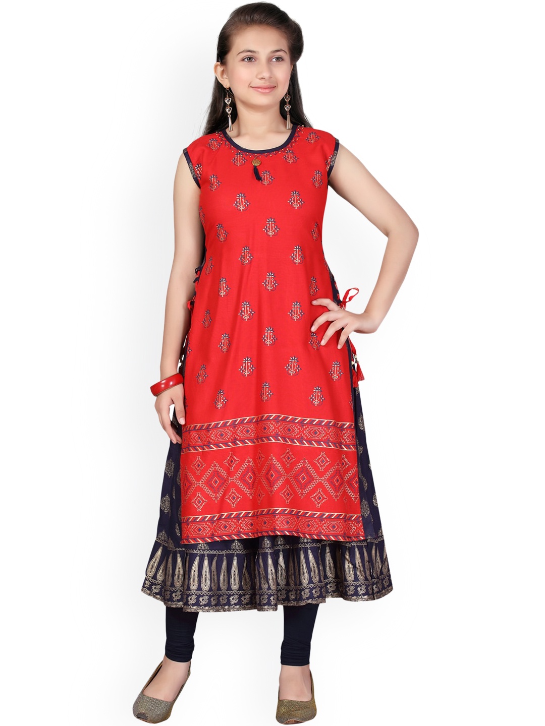 

Aarika Girls Red & Blue Self Design Kurta with Churidar